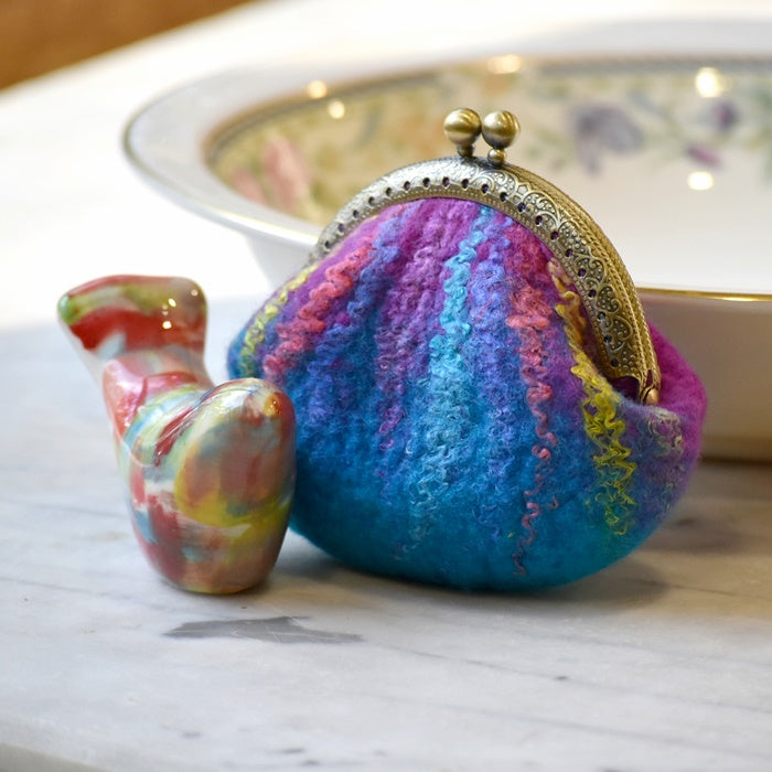 Wool Felted Coin Purse Stitch Marker Pouch Blue and Pink 12788| Coin Purse | Sally Ridgway | Shop Wool, Felt and Fibre Online