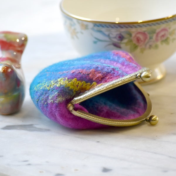 Wool Felted Coin Purse Stitch Marker Pouch Blue and Pink 12788| Coin Purse | Sally Ridgway | Shop Wool, Felt and Fibre Online
