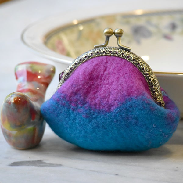 Wool Felted Coin Purse Stitch Marker Pouch in Blue and Pink 12789| Coin Purse | Sally Ridgway | Shop Wool, Felt and Fibre Online