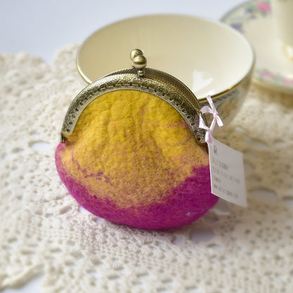 Wool Felted Coin Purse Kiss Lock Pouch in Pink and Yellow 12803| Coin Purse | Sally Ridgway | Shop Wool, Felt and Fibre Online