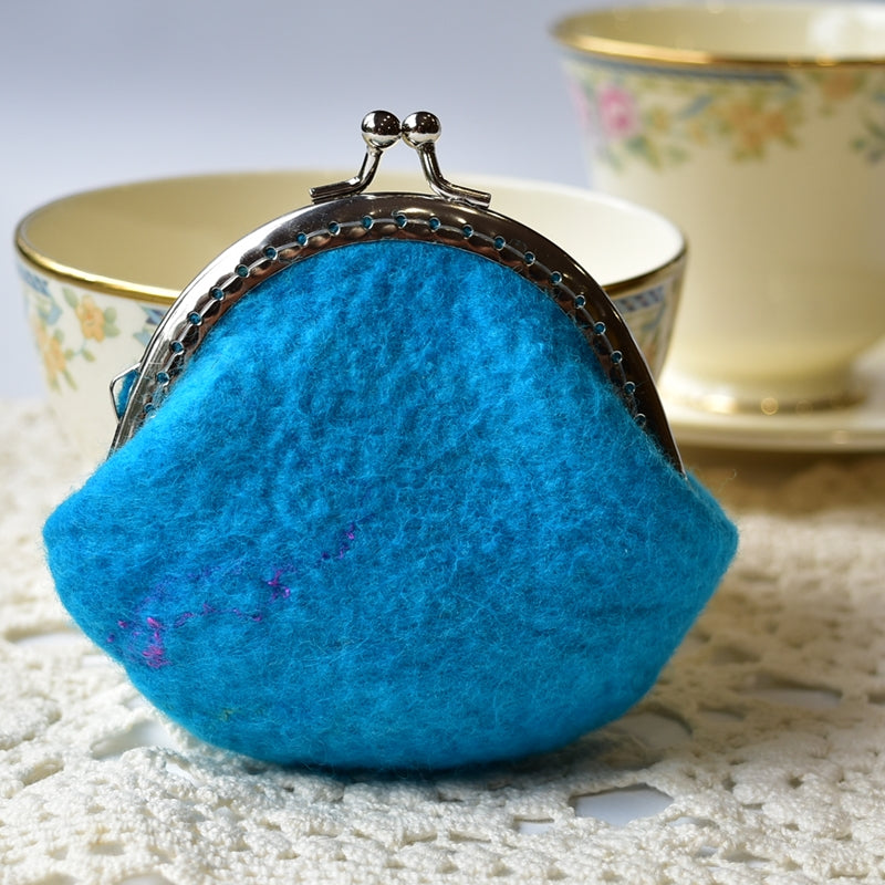 Wool Felted Coin Purse Kiss Lock Accessory Pouch in Opal Blue 12805| Coin Purse | Sally Ridgway | Shop Wool, Felt and Fibre Online