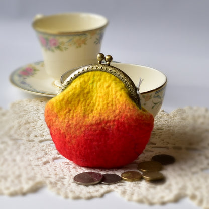 Wool Felted Coin Purse Kiss Lock Pouch in Yellow and Orange 12806| Coin Purse | Sally Ridgway | Shop Wool, Felt and Fibre Online