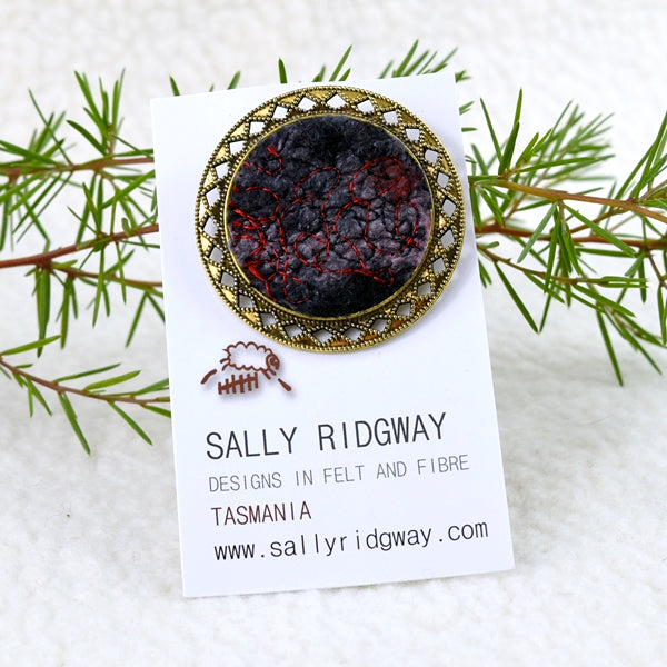 Wool Felt and Metal Brooch Red and Black 13224| Brooch | Sally Ridgway | Shop Wool, Felt and Fibre Online