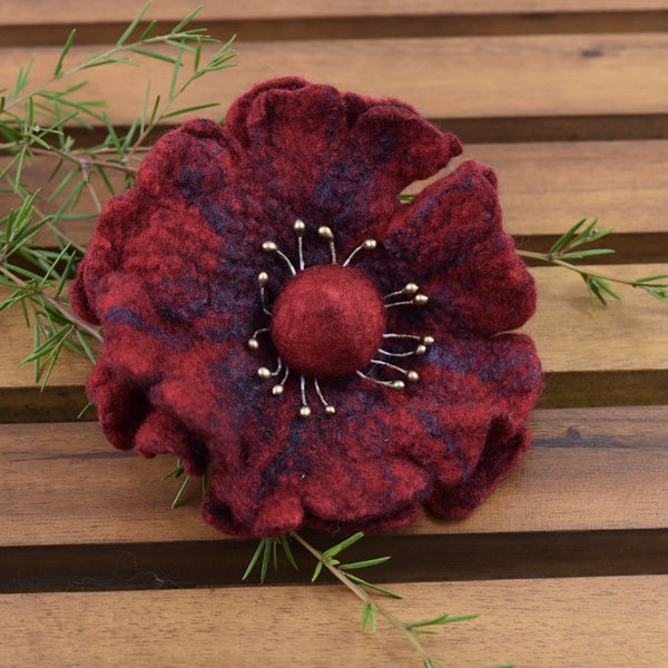 Large Wool Felt Poppy Flower Brooch Pin in Red and black 13222| Brooch | Sally Ridgway | Shop Wool, Felt and Fibre Online