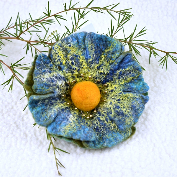 Teal Blue Large Wool Felt Flower Brooch Pin 13229| Brooch | Sally Ridgway | Shop Wool, Felt and Fibre Online