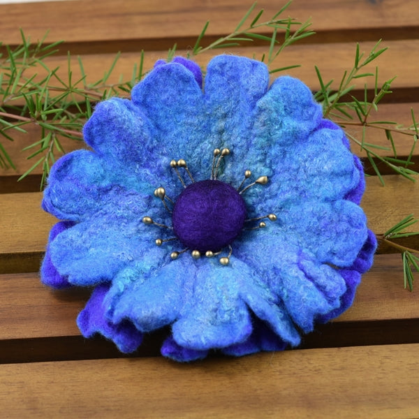 Large Wool Felt Poppy Flower Brooch Pin in Opal Blue and Purple 13223| Brooch | Sally Ridgway | Shop Wool, Felt and Fibre Online