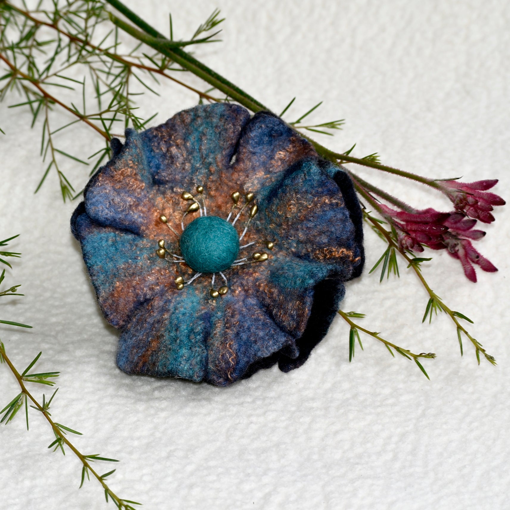 Large Wool Felt Flower Brooch Pin in Turquoise 13177| Brooch | Sally Ridgway | Shop Wool, Felt and Fibre Online